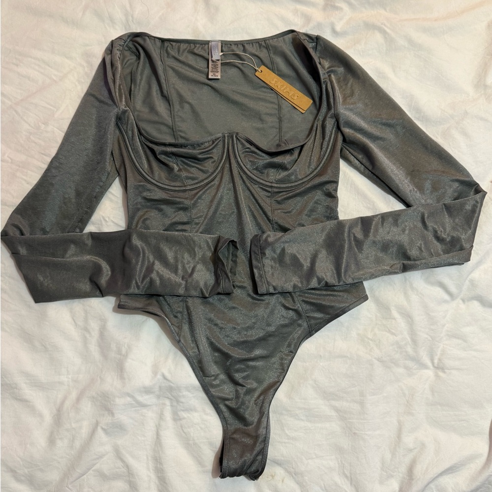 SKIMS Metallic Charcoal Long-Sleeve Bodysuit
